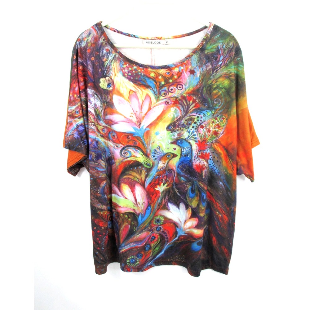 MissLook Women M Multicolor Peacock Artsy Mosaic Tunic Top 1117753#